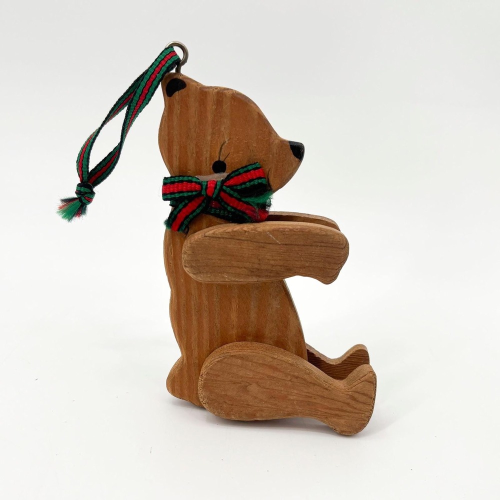 Vintage Handmade Wooden Teddy Bear Christmas Ornament‎ – Moveable Arms & Legs